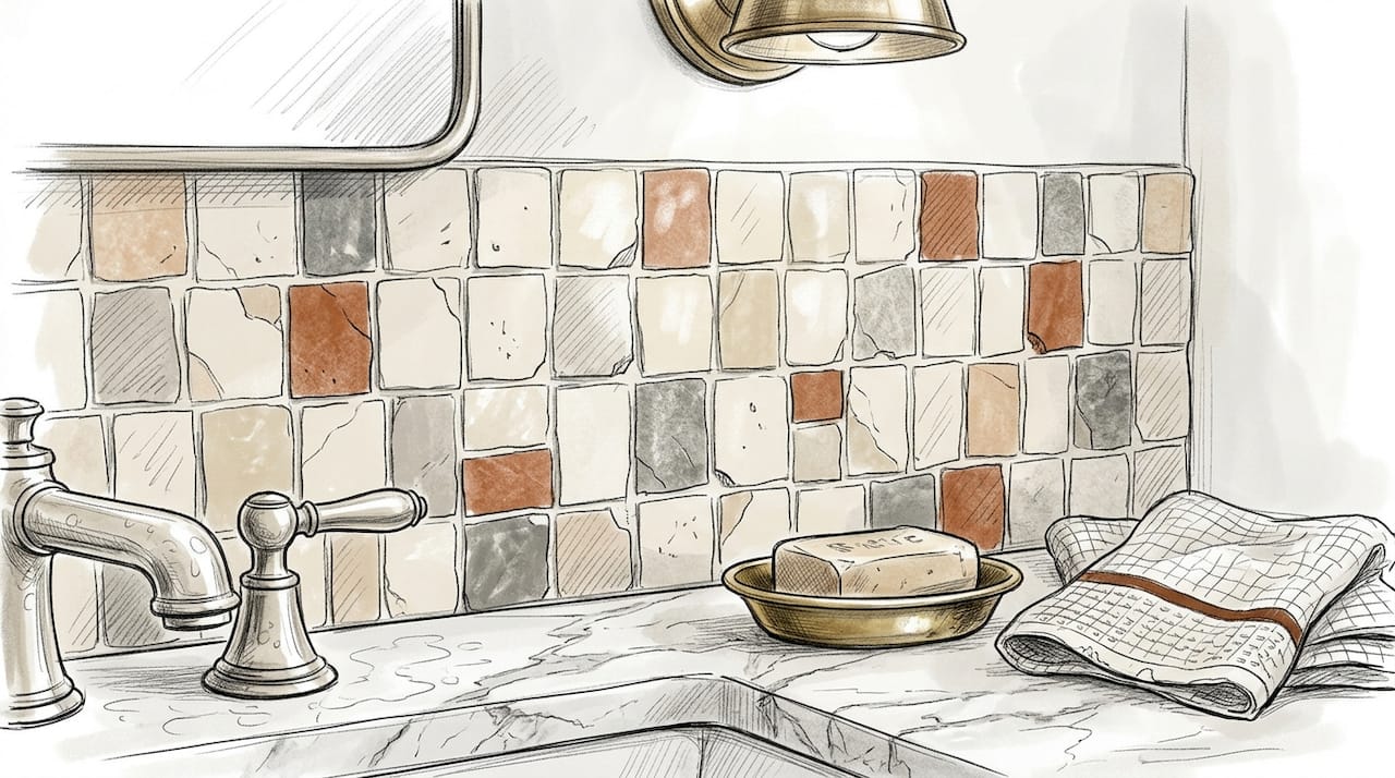 Hand-cut mosaic tile bathroom wall close-up