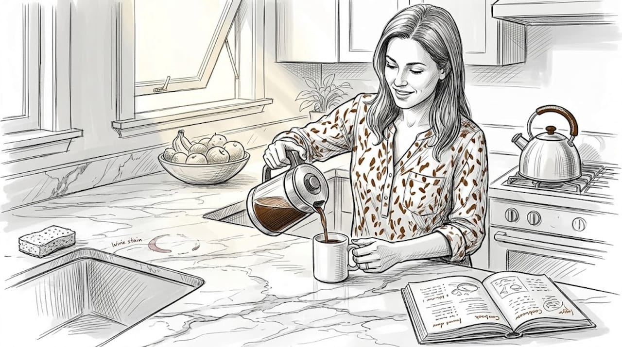 Woman using marble countertop in sunny kitchen