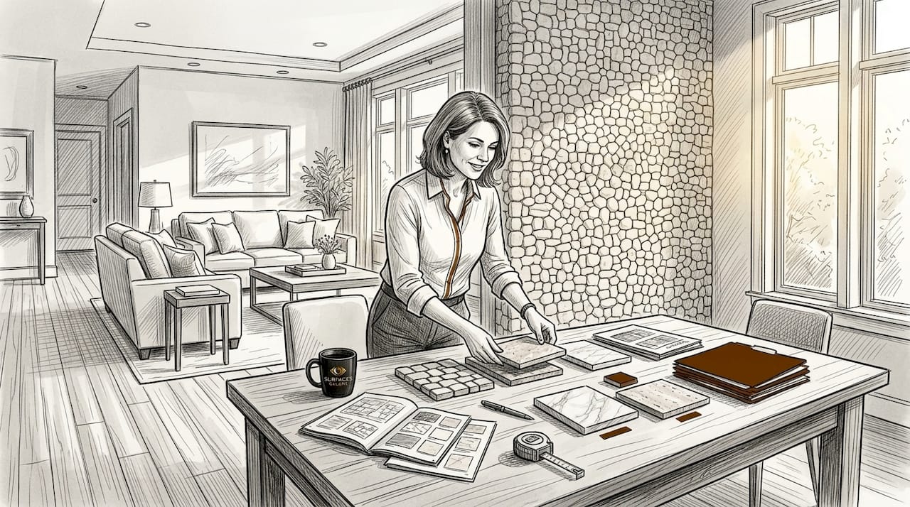 Interior designer arranging mosaic samples