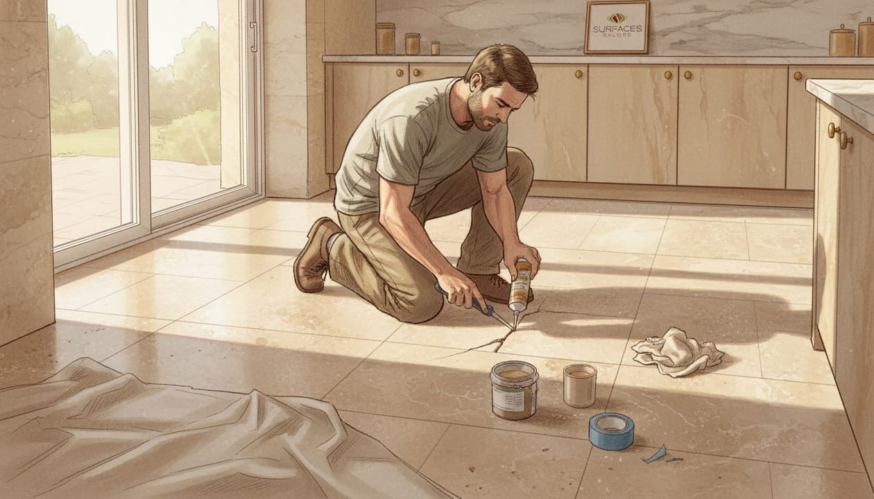 Man repairing cracked travertine floor tile