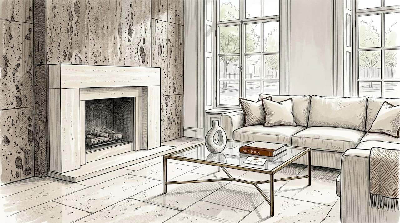 Contemporary living room with travertine finishes
