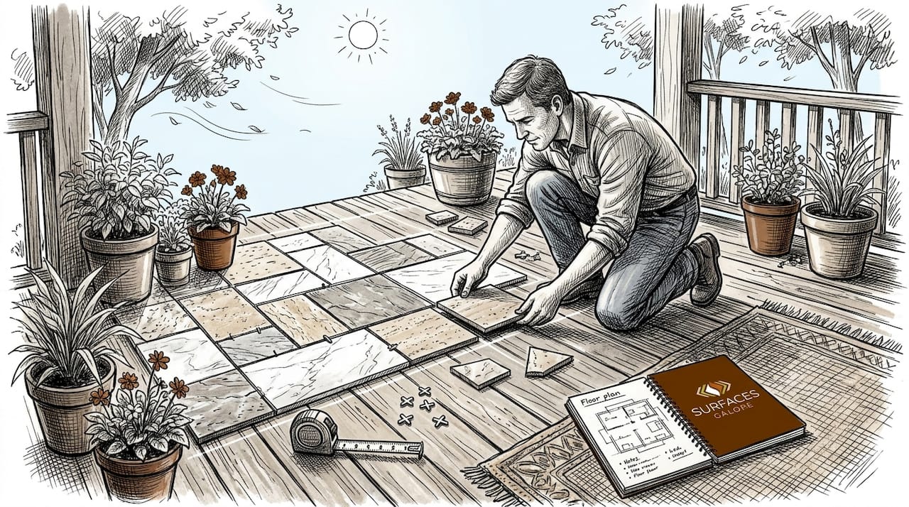 Homeowner dry laying floor tiles