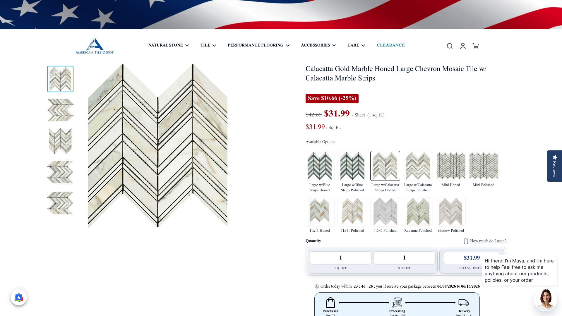 https://americantiledepot.com/products/calacatta-gold-marble-honed-large-chevron-mosaic-tile-w-calacatta-marble-strips