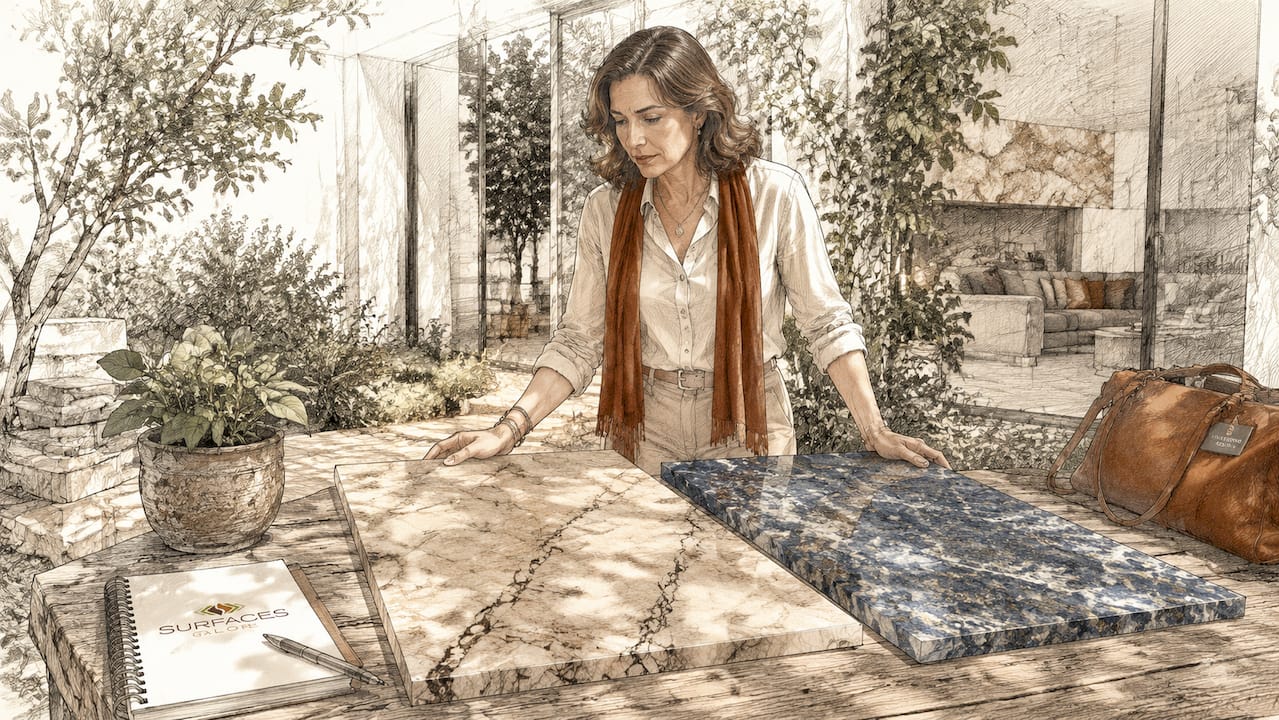 Woman inspecting marble and quartzite slabs in kitchen showroom
