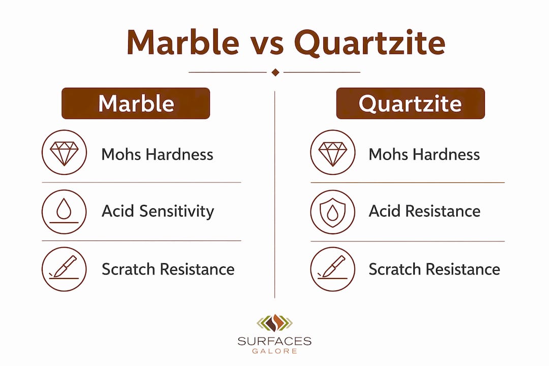 Infographic comparing marble and quartzite durability features