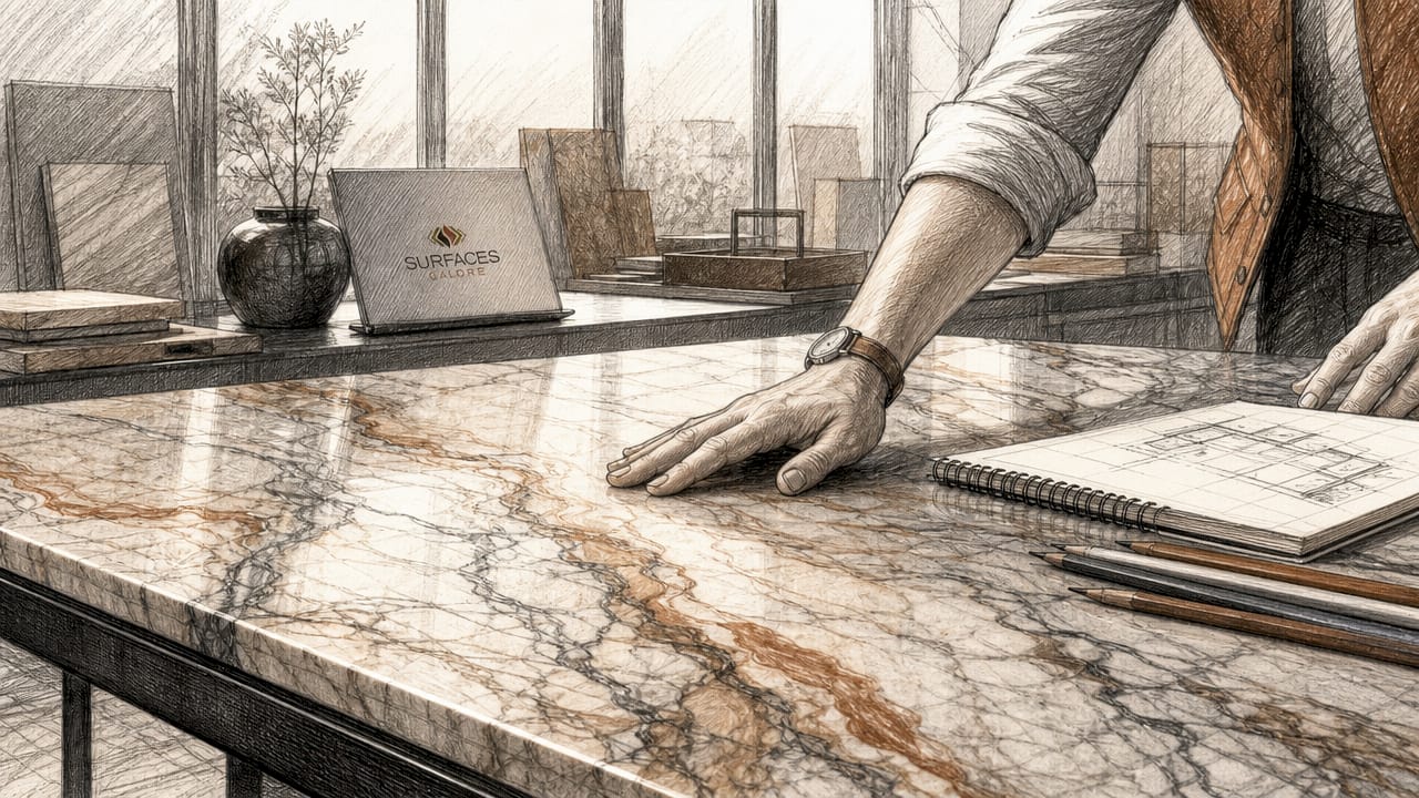 Close-up of marble slab with designer hand