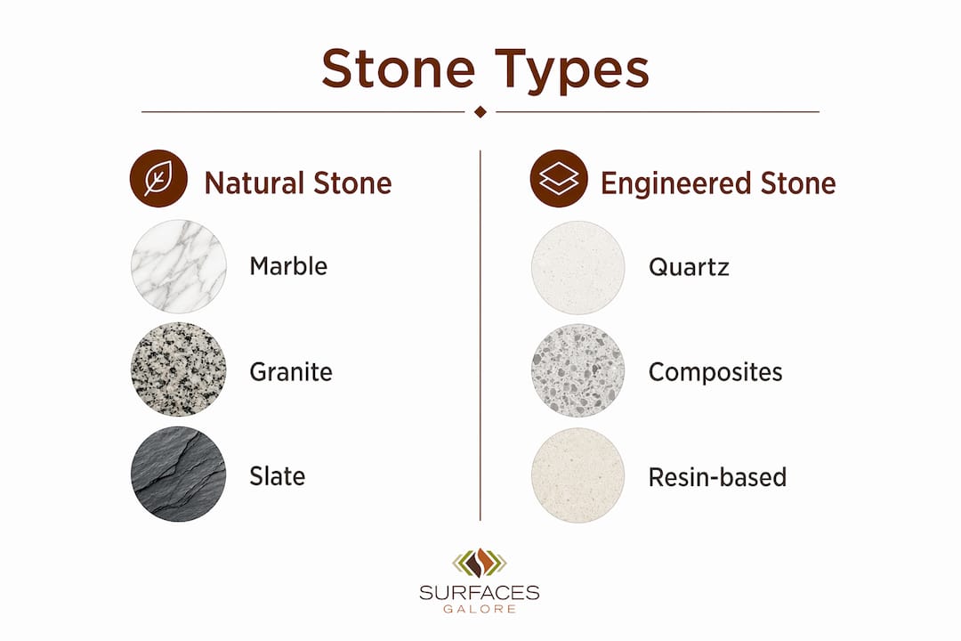 Infographic comparing natural and engineered decorative stones