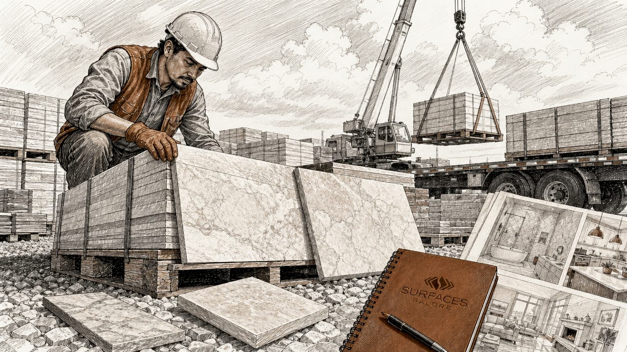 Warehouse with bulk limestone tile pallets and worker