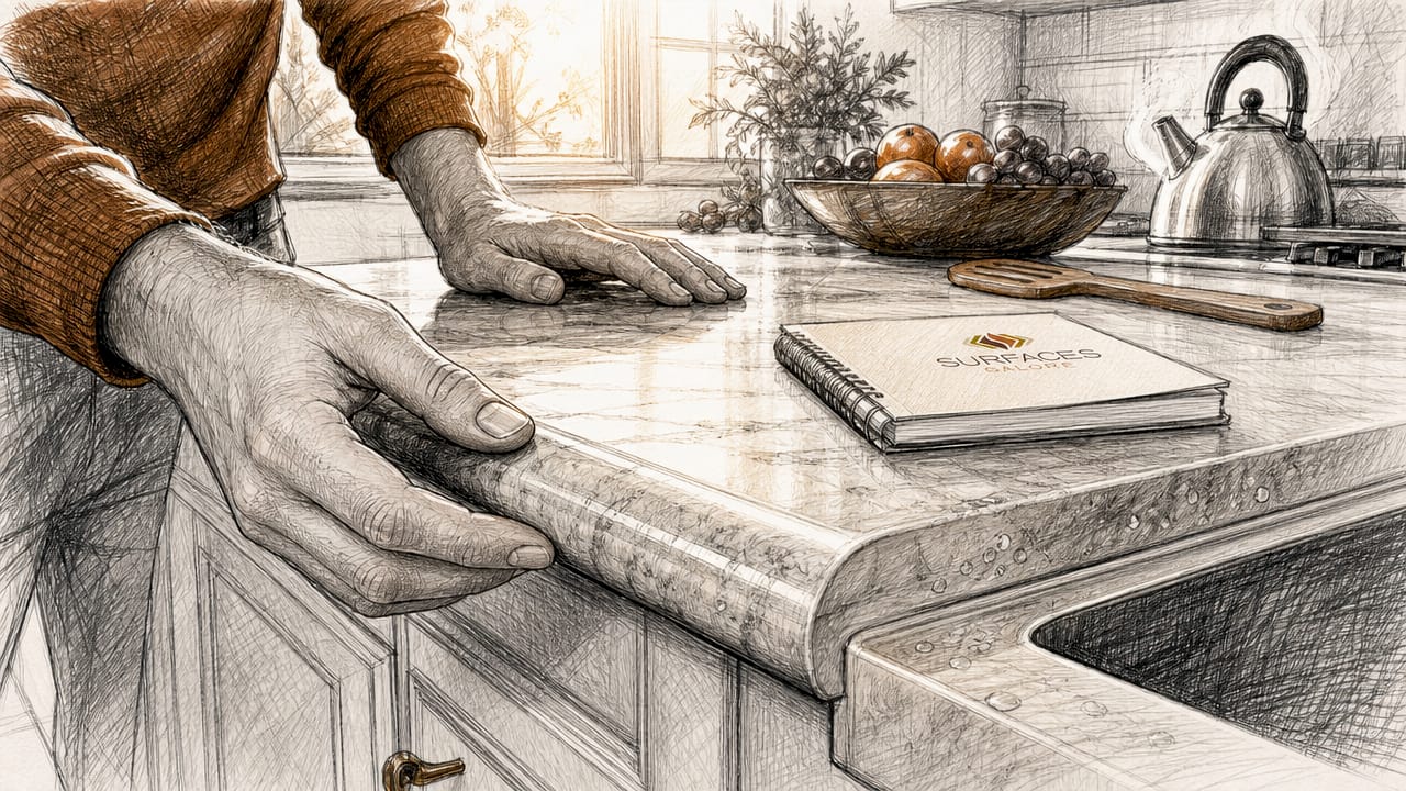 Person inspecting bullnose kitchen countertop edge