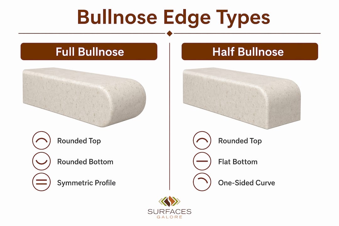 Infographic comparing full vs half bullnose edge types