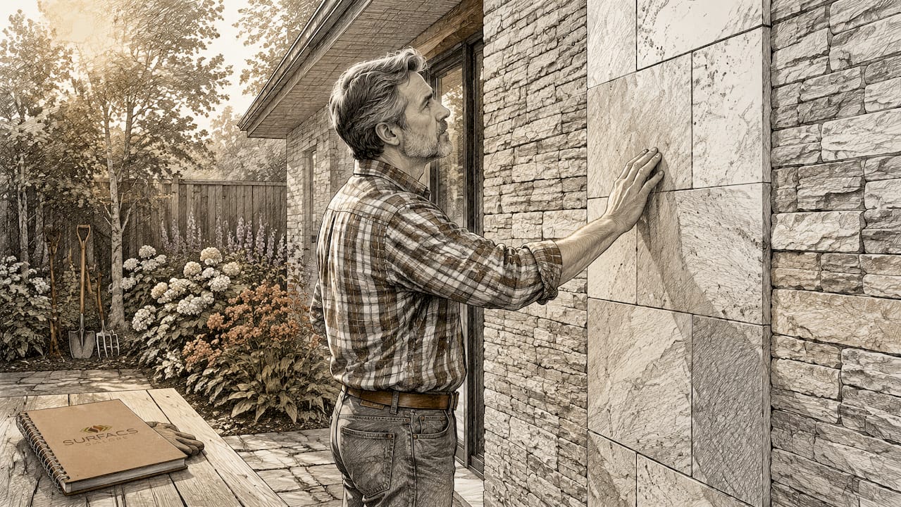 Homeowner inspecting stone cladding on wall