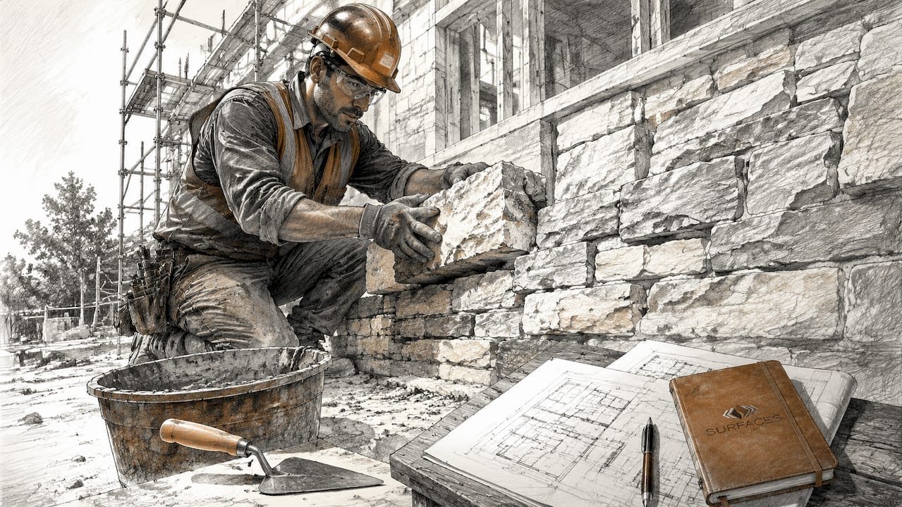 Stone mason installing split face stone wall