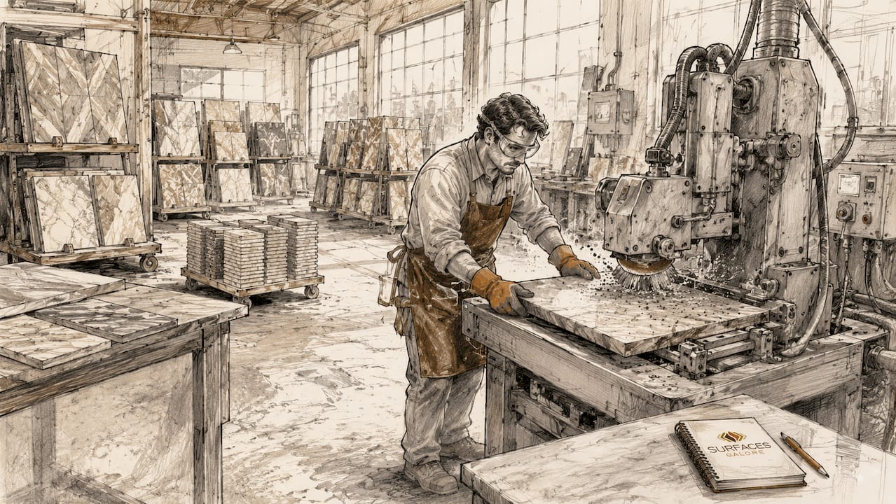 Worker trimming ceramic tile edges in factory