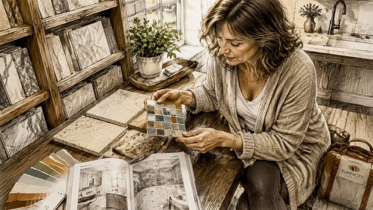 Woman choosing kitchen backsplash tile samples