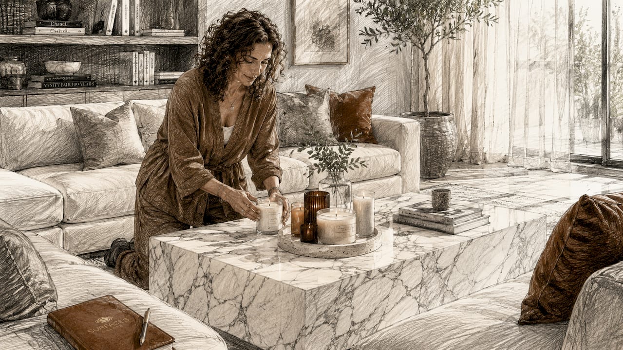 Calacatta marble kitchen island with woman arranging flowers