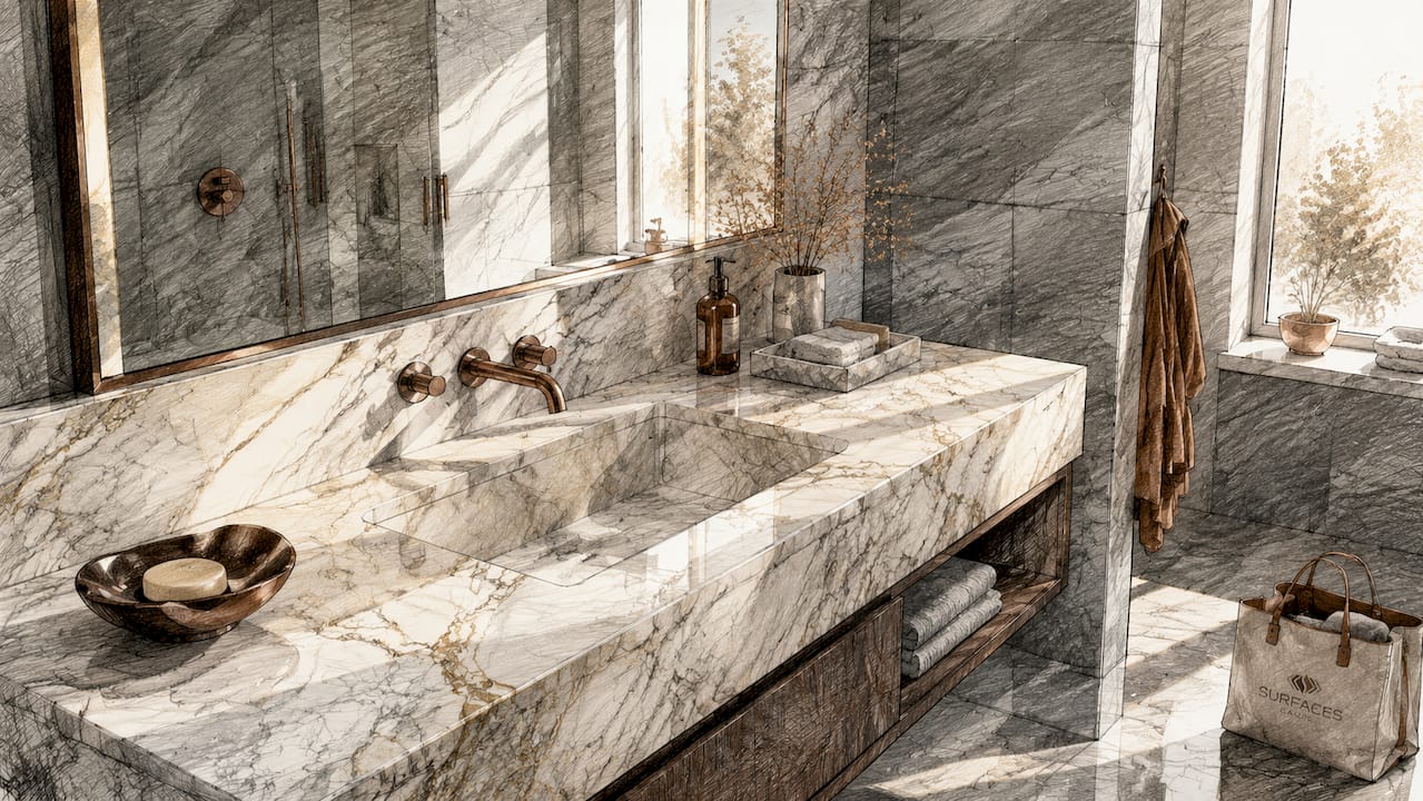 Luxurious bathroom with marble vanity and travertine walls