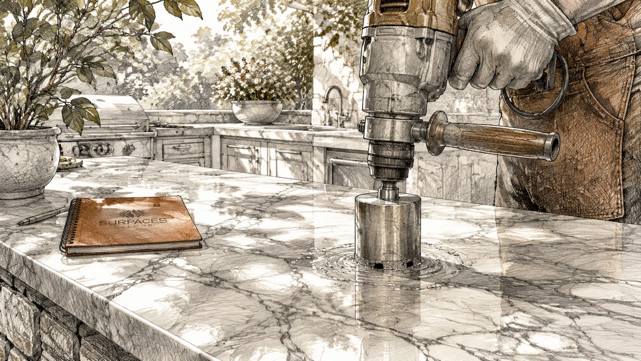Diamond core drill bit on marble countertop with water droplets