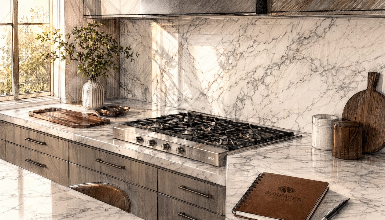 Elegant kitchen with marble backsplash and countertop