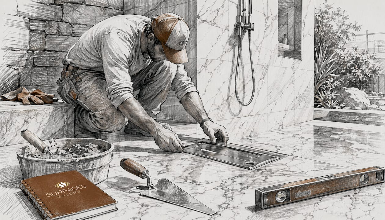 Close-up of marble shower drain base installation
