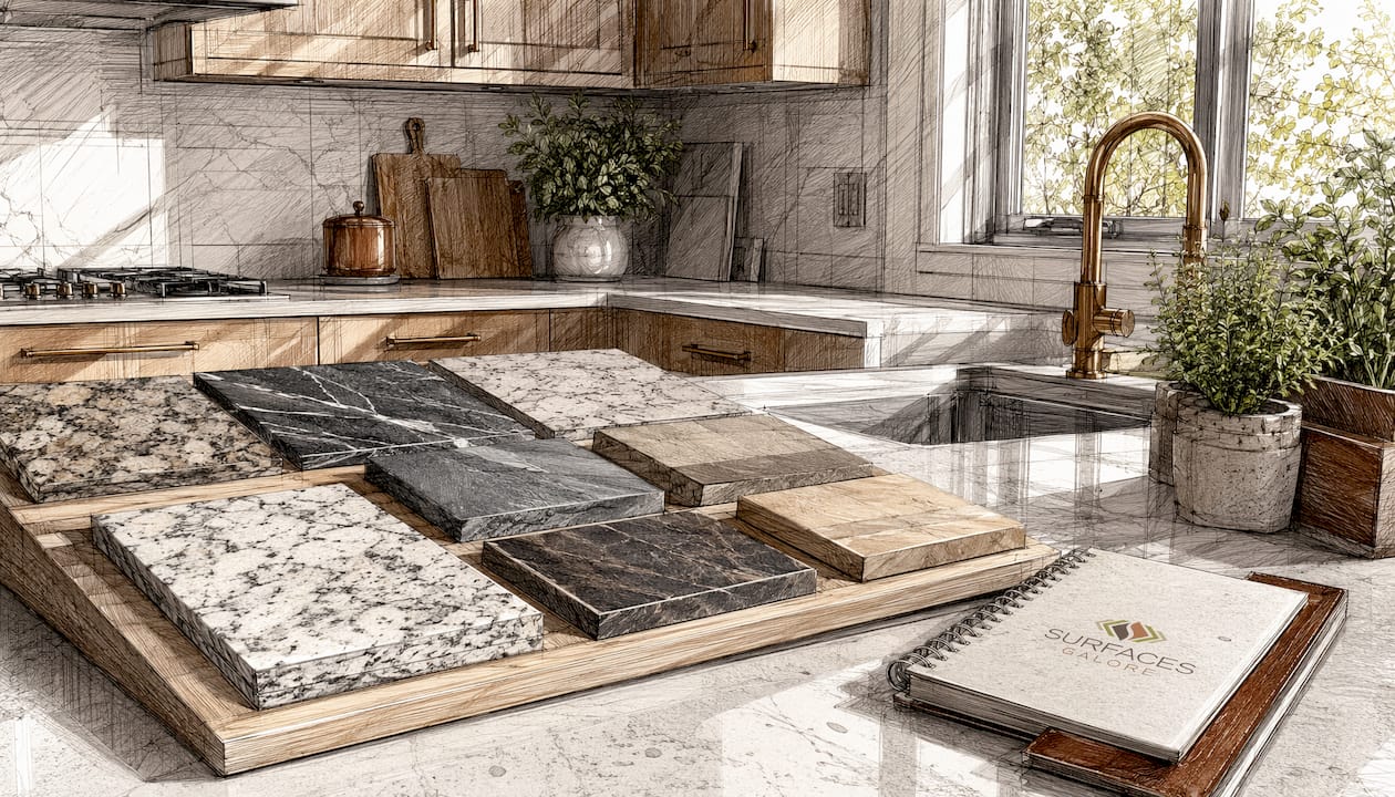 Natural stone tile samples in kitchen