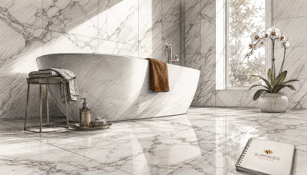 Elegant marble tiled bathroom interior