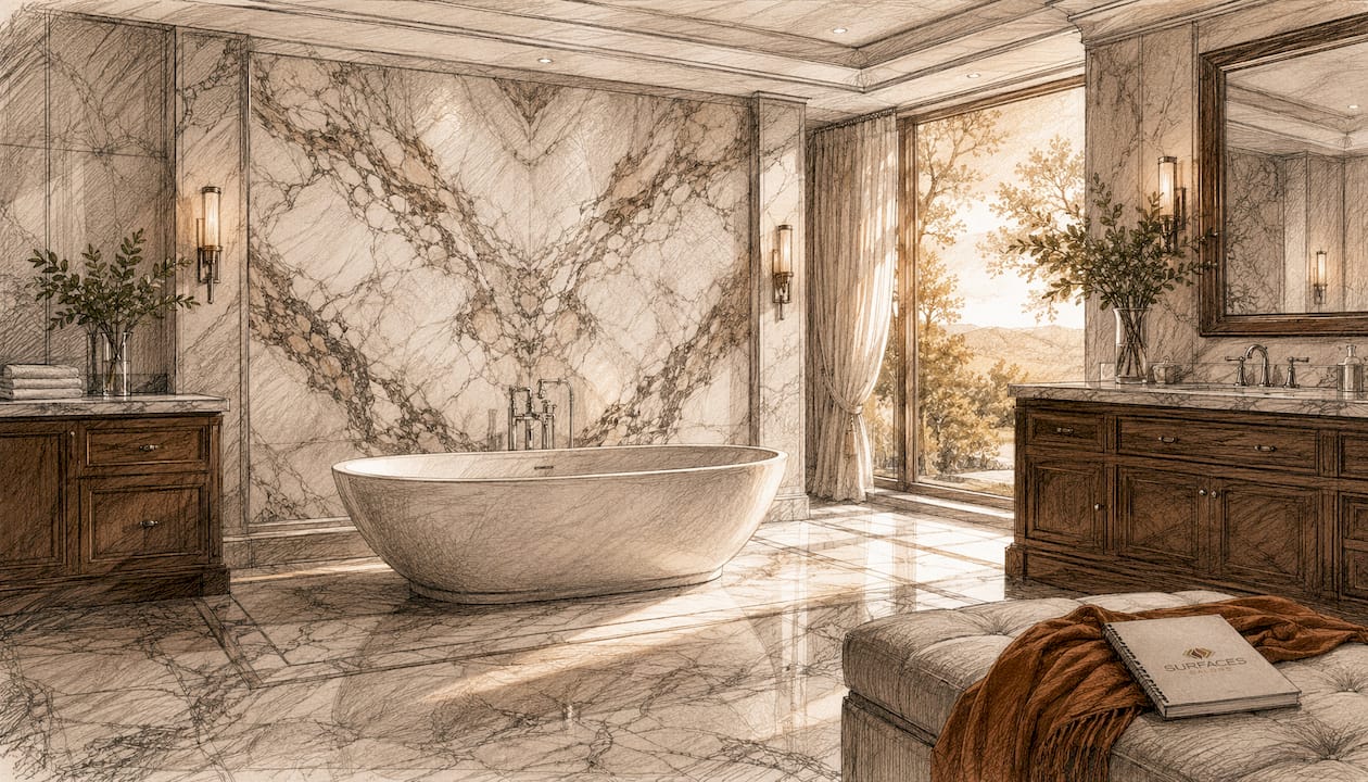 Bookmatched marble bathroom wall close-up