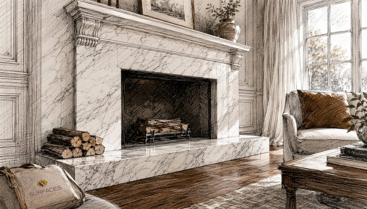 Elegant living room with marble fireplace upgrade