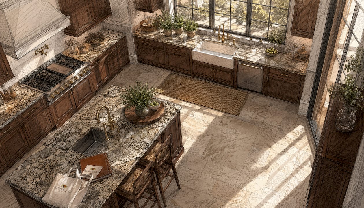 Elegant kitchen with honed limestone floor