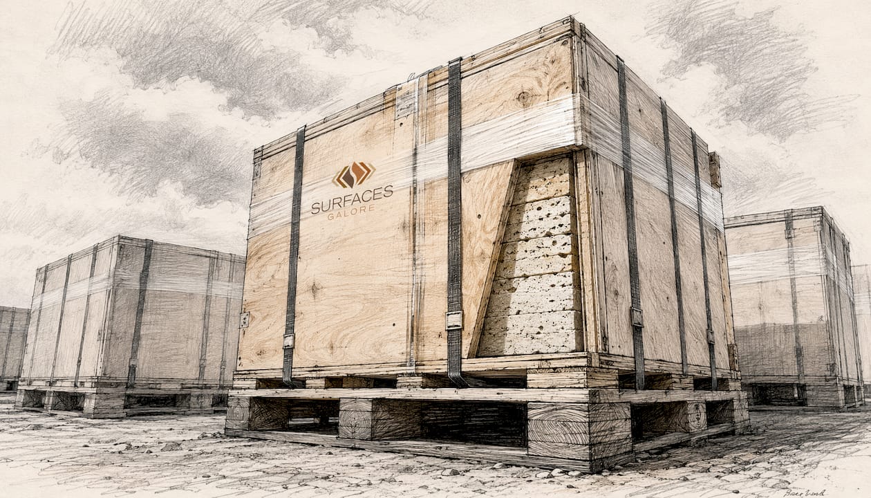 Close-up of packed plywood crates with natural stone tiles