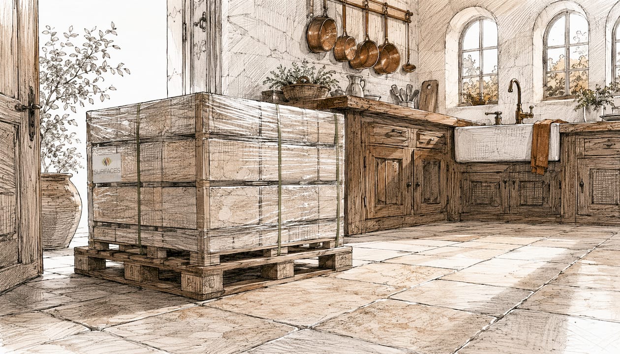 Pallet of natural stone tile crates in marble kitchen