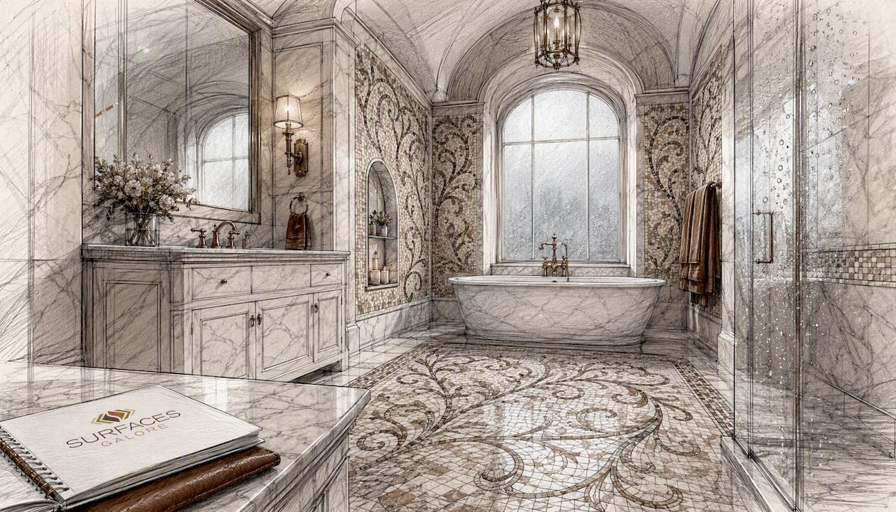 Elegant marble mosaic bathroom interior