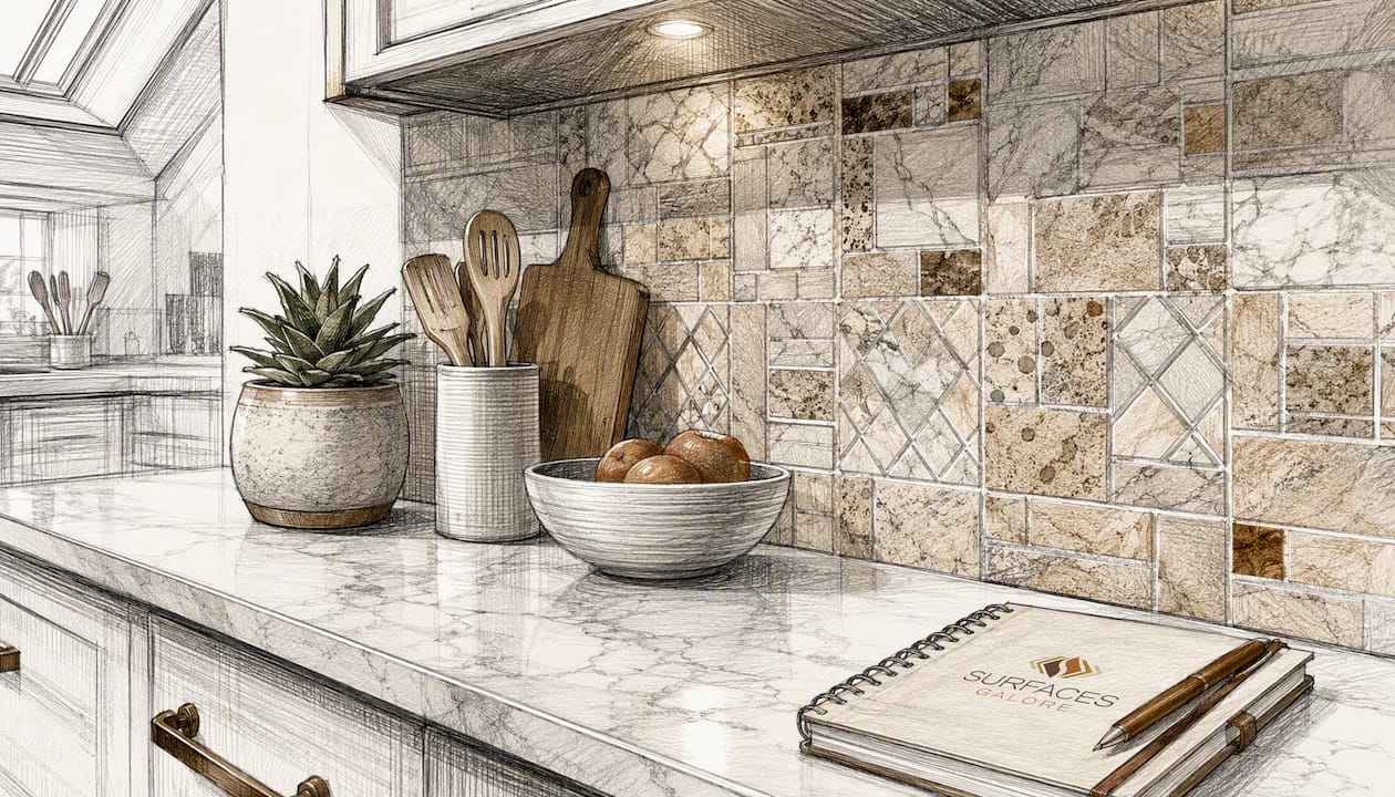 Natural stone mosaic kitchen backsplash