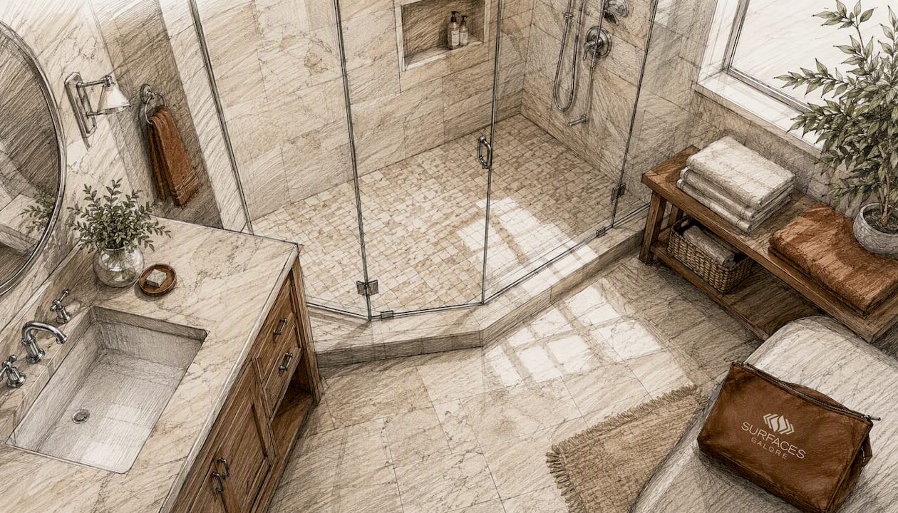 Bathroom with travertine tiles and glass shower