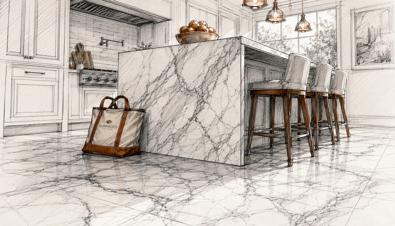 Elegant kitchen with white marble floor