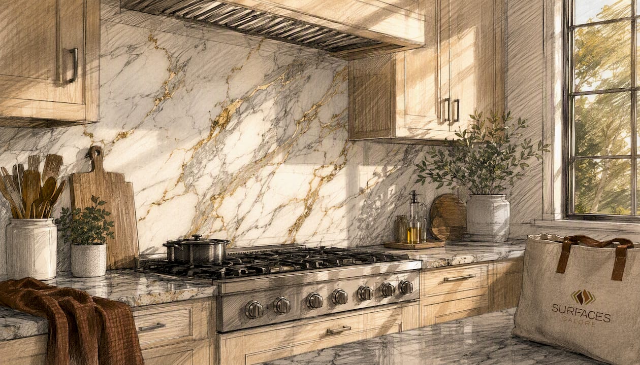 Kitchen with elegant Calacatta Gold marble backsplash
