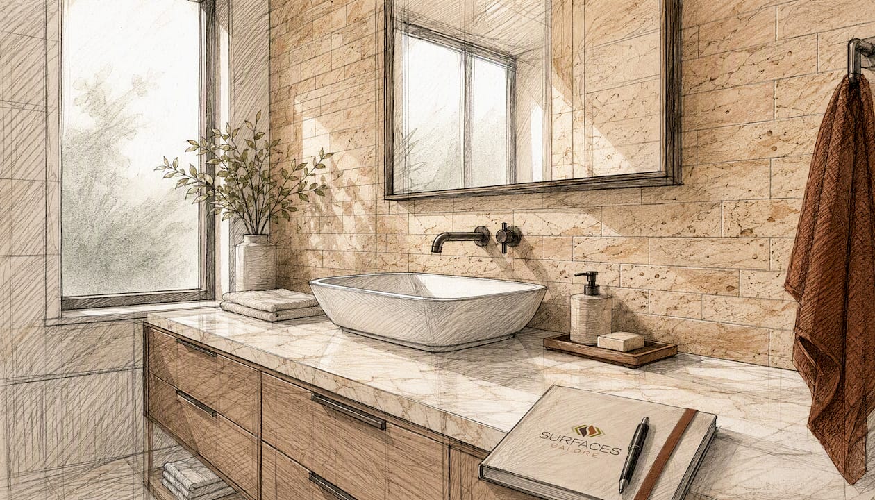 Bathroom with creamy travertine tile backsplash