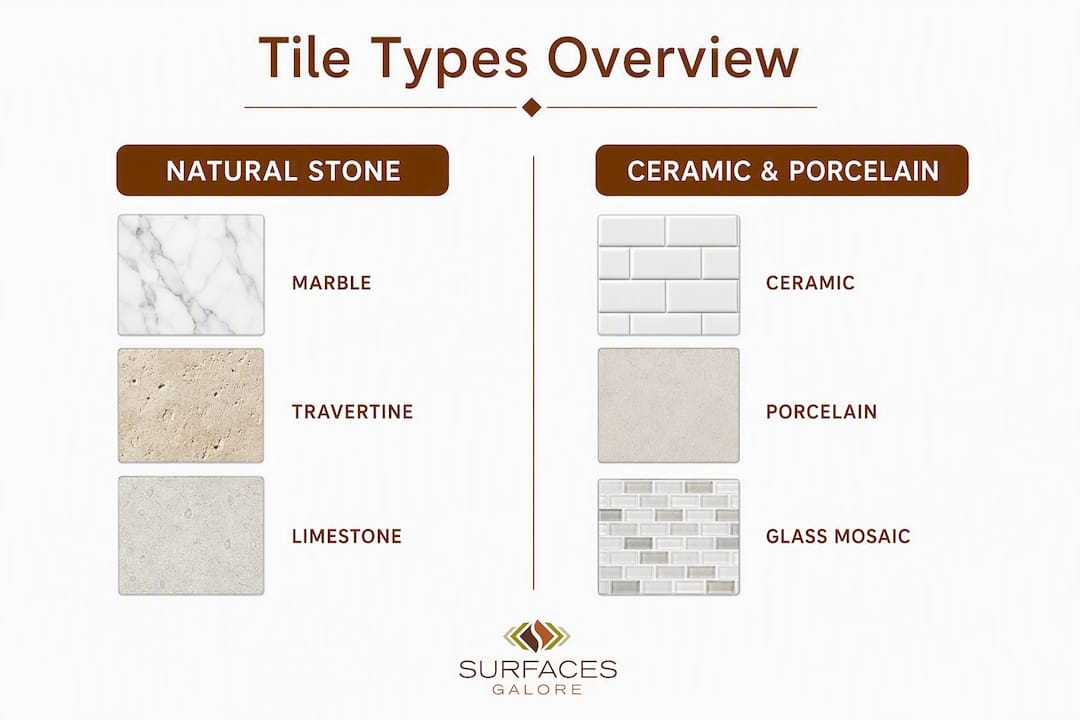 Infographic comparing natural stone and ceramic tile backsplashes