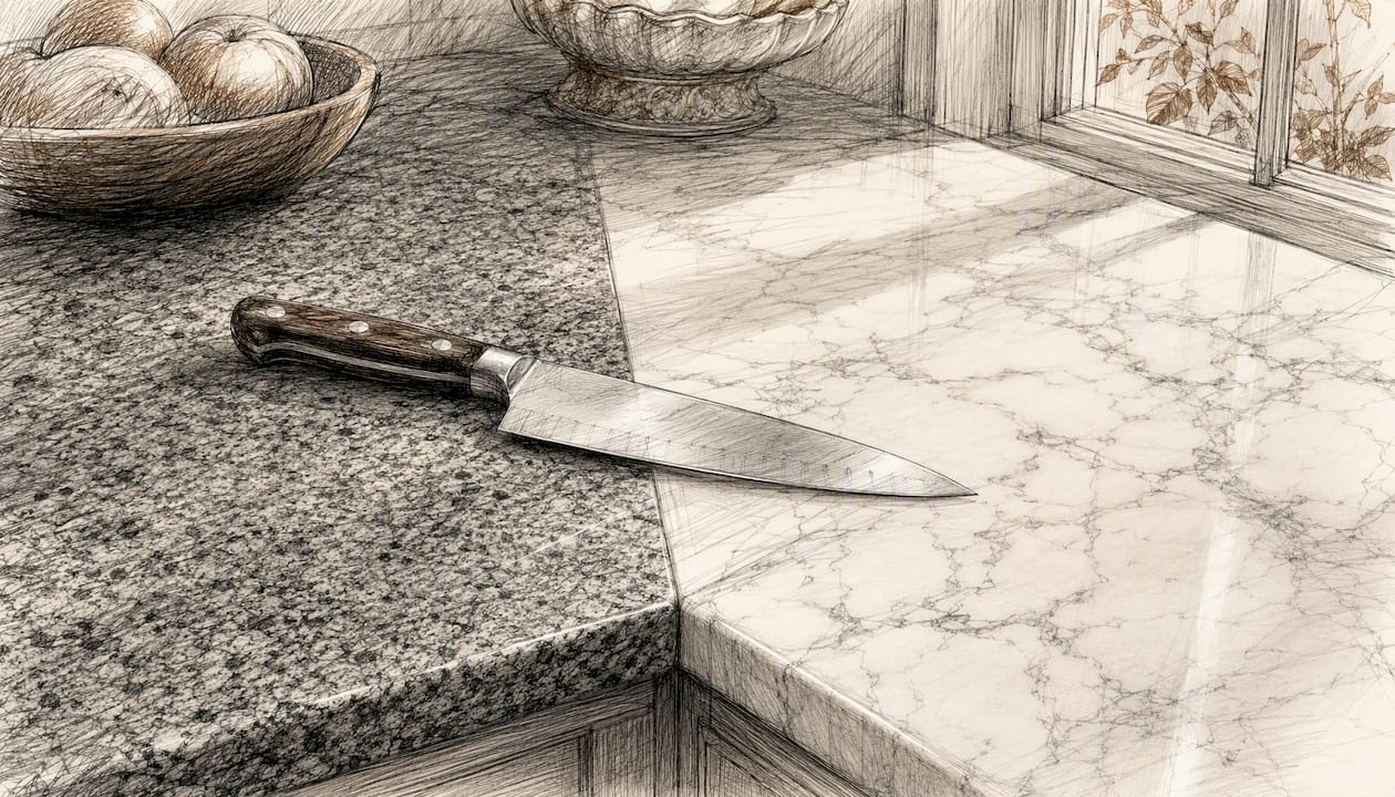 Knife blade close to granite and marble countertop surfaces