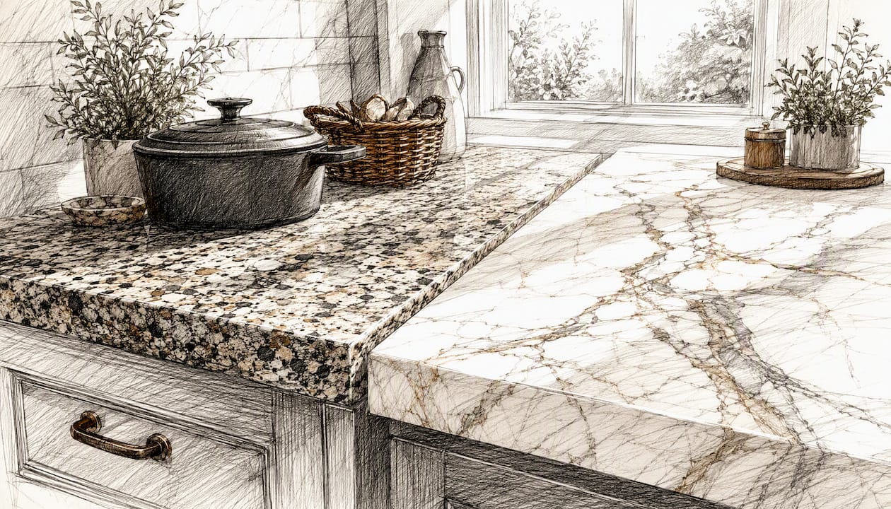 Close-up of granite and marble countertops showing texture differences