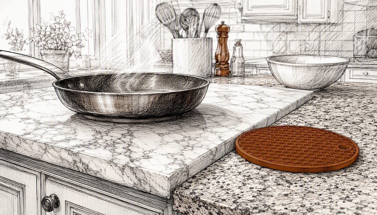 Hot pans on granite and marble countertops with trivet