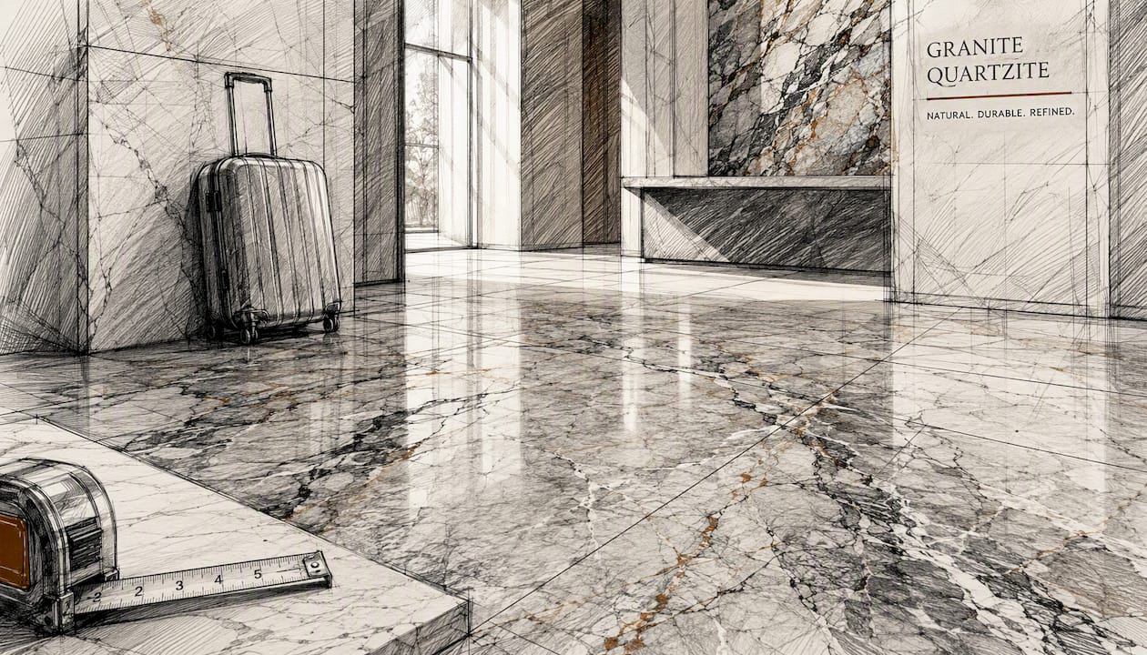 Polished granite and quartzite showroom floor in lobby