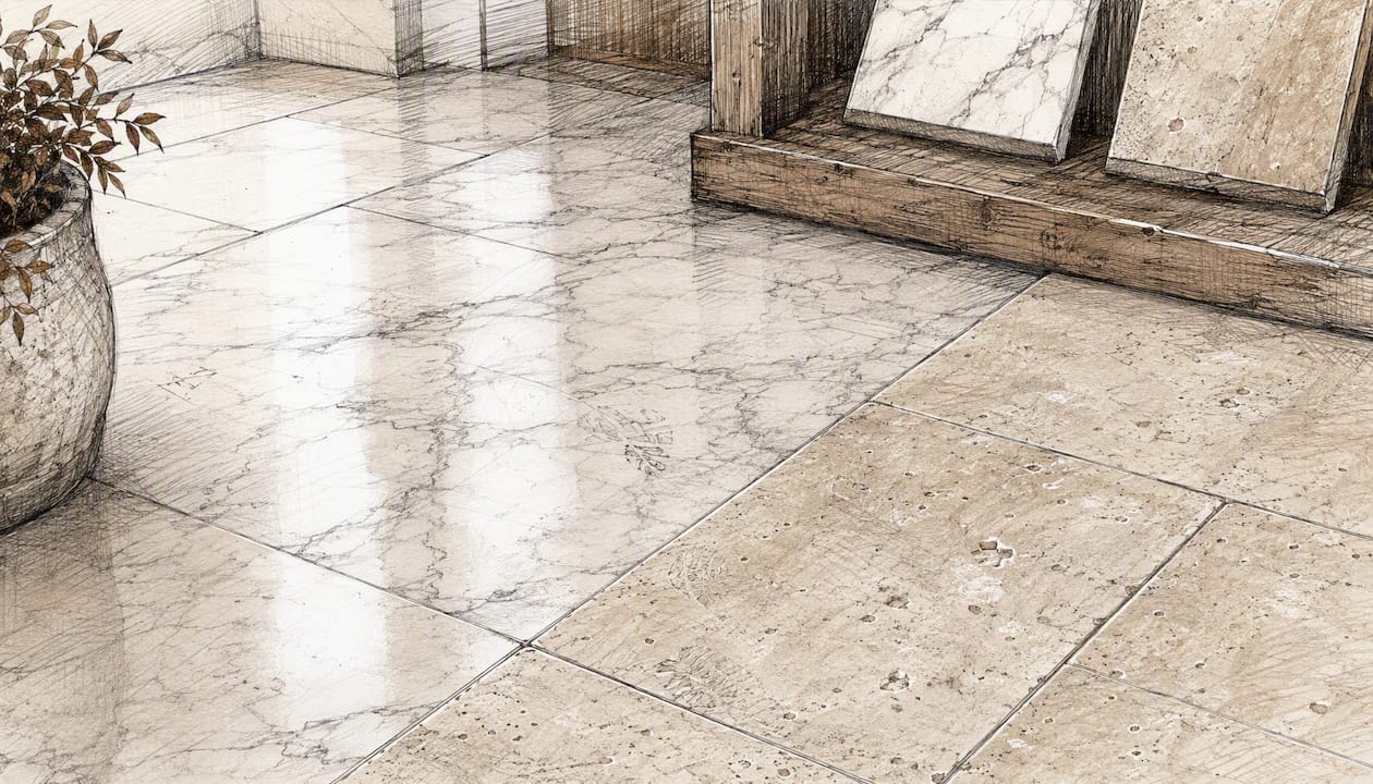 Boutique showroom floor with honed marble and filled travertine tiles