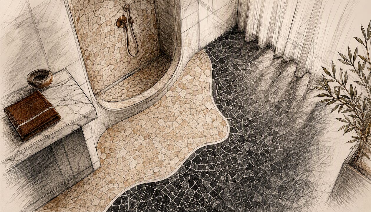 Natural stone mosaic tiles in curved bathroom niche