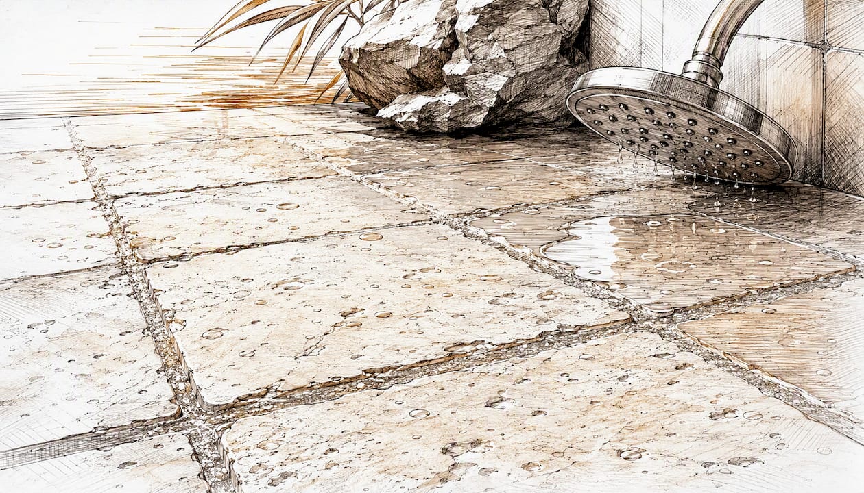 Travertine mosaic shower floor showing texture