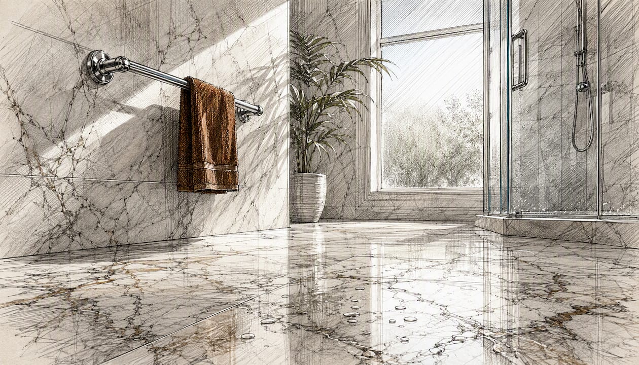 Polished marble bathroom tile reflecting light