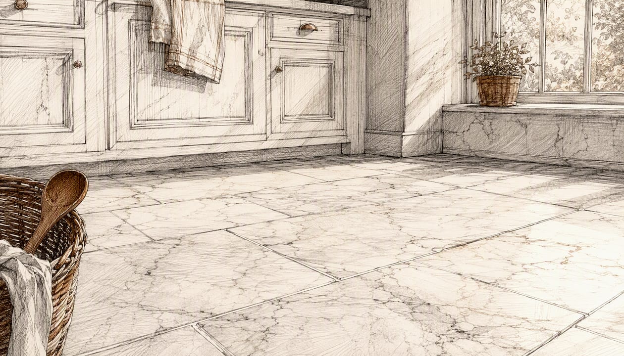 Honed marble tile floor in kitchen interior