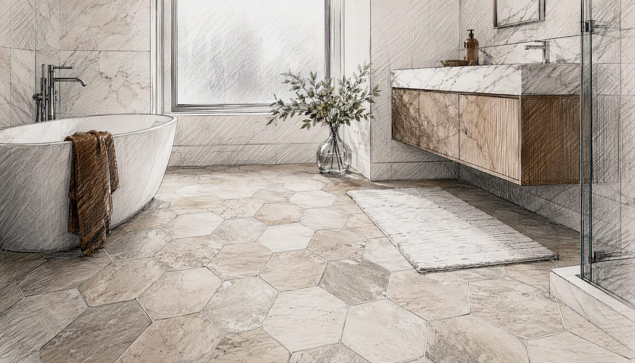 Hexagon natural stone tile bathroom floor