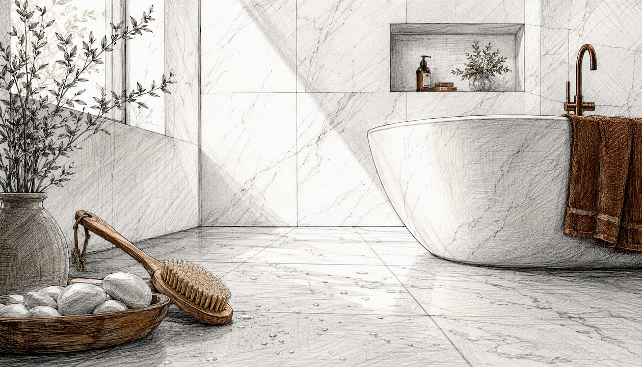 Bathroom wall with honed Thassos white marble tiles