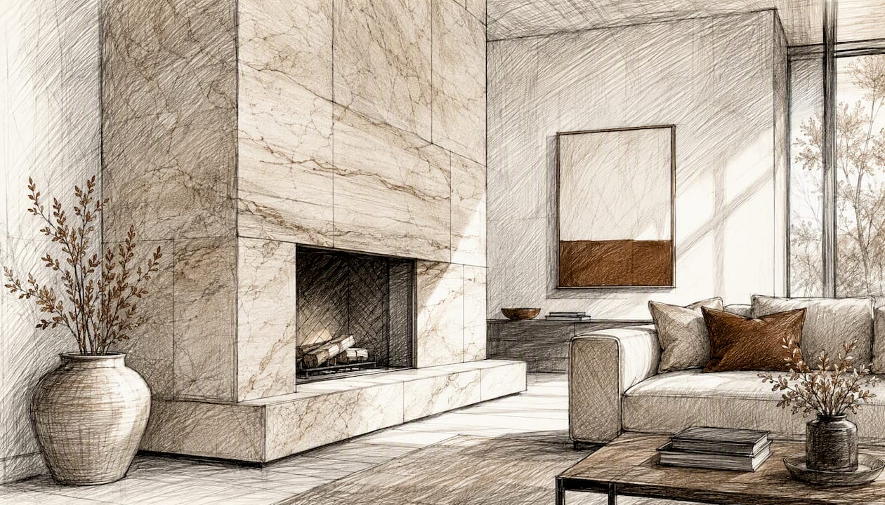 Modern minimalist full-height slab stone fireplace