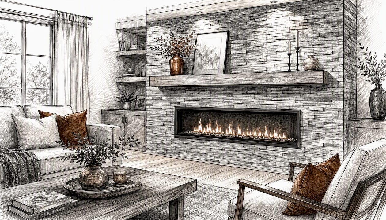 Contemporary stacked ledgestone fireplace with linear insert